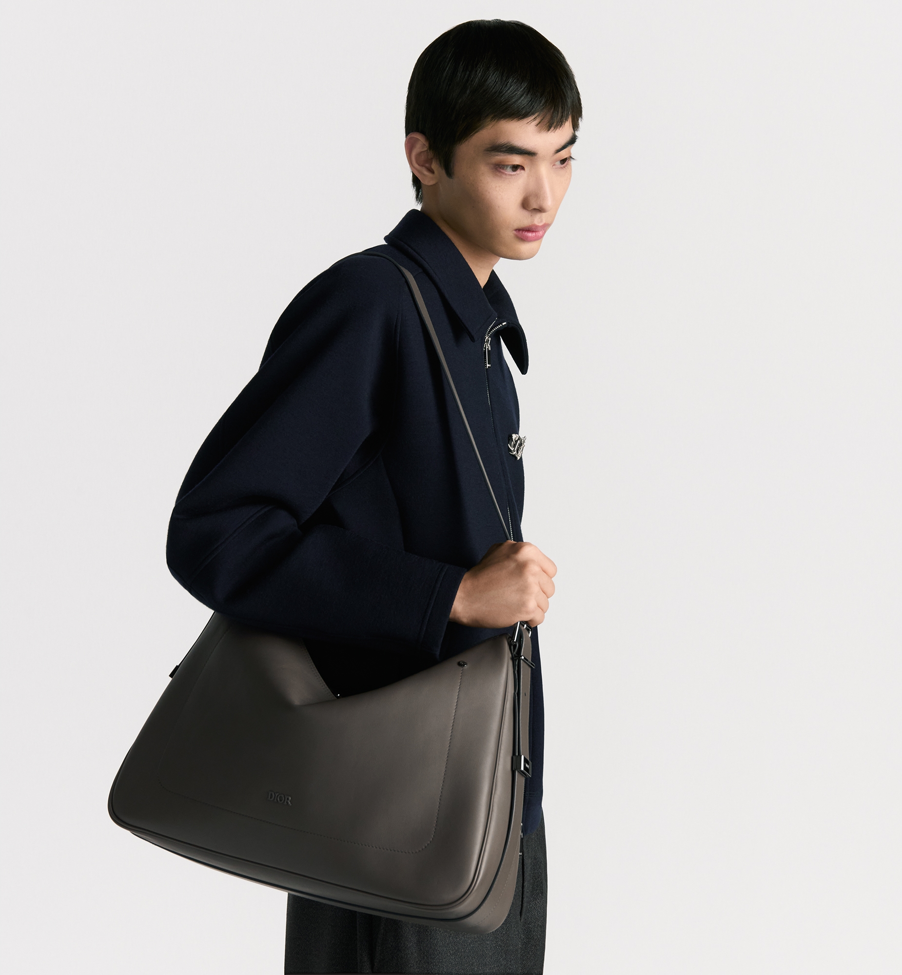 Large Dior Slider Zipped Hobo Bag Grey