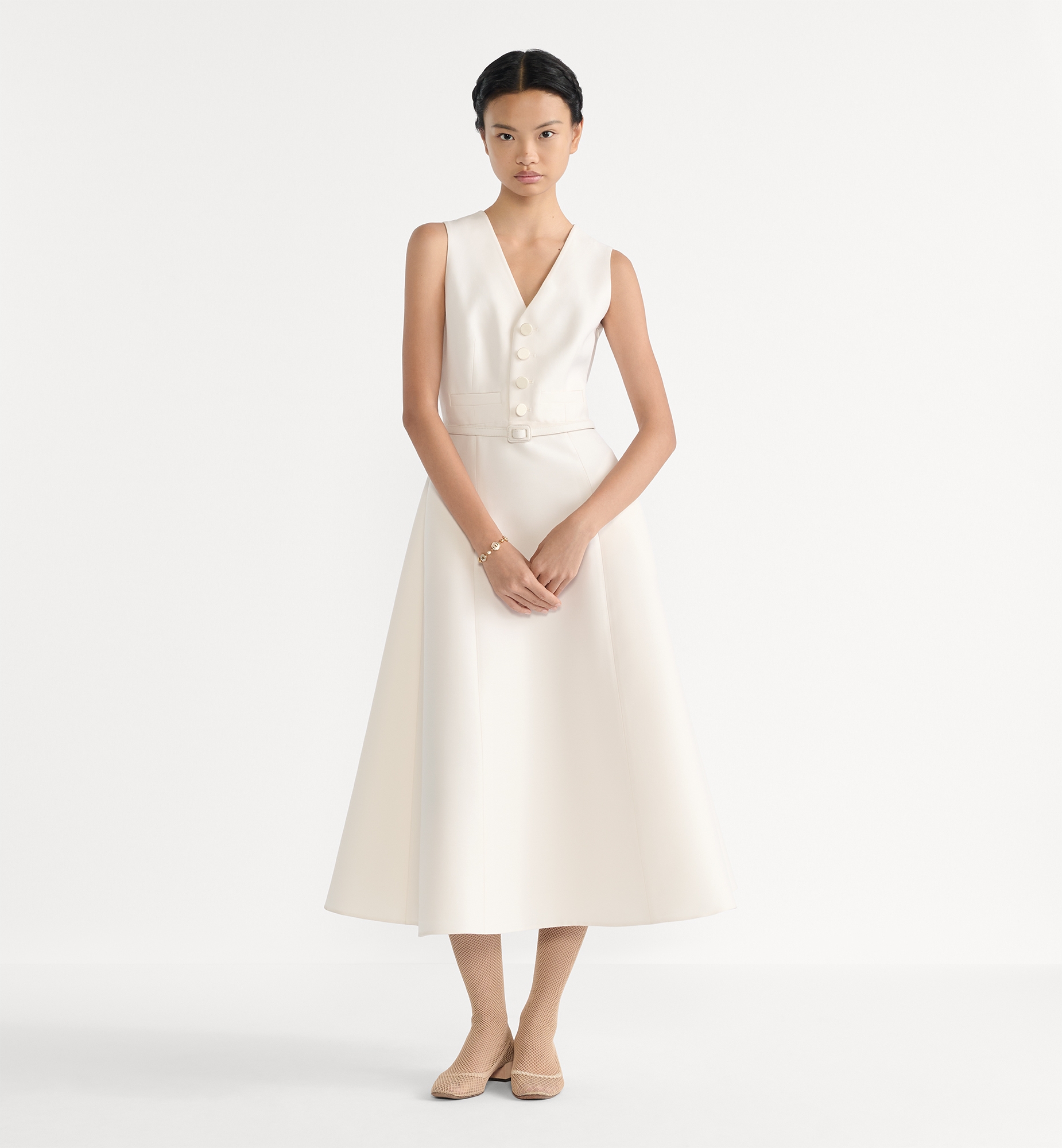 Mid-Length Flared Dress with Belt White
